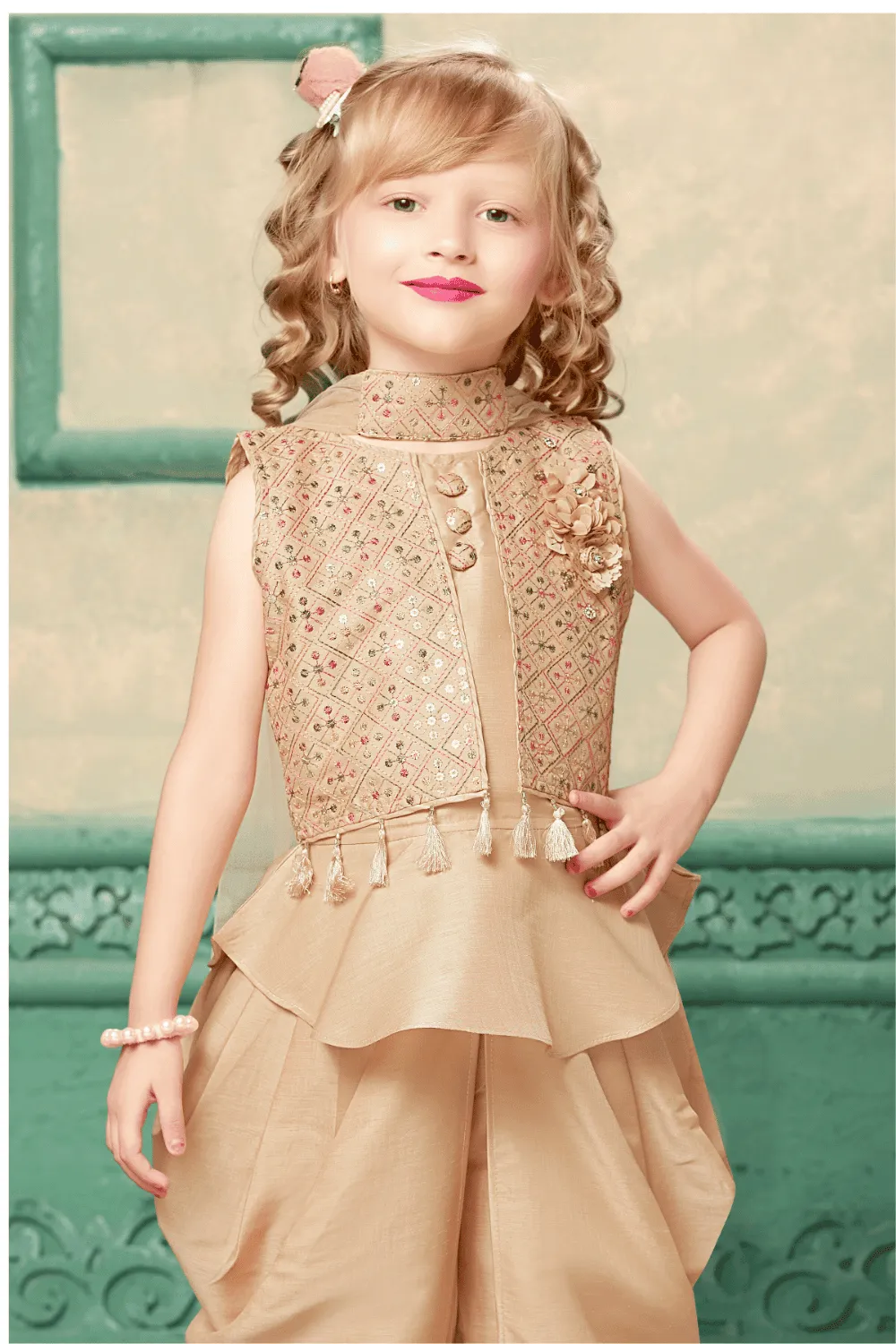 Peach Multicolor Thread and Sequins work Overcoat Dhoti Style Peplum Kurti for Girls