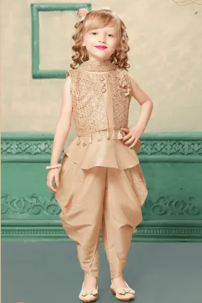 Peach Multicolor Thread and Sequins work Overcoat Dhoti Style Peplum Kurti for Girls