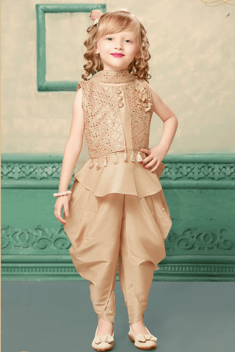 Peach Multicolor Thread and Sequins work Overcoat Dhoti Style Peplum Kurti for Girls