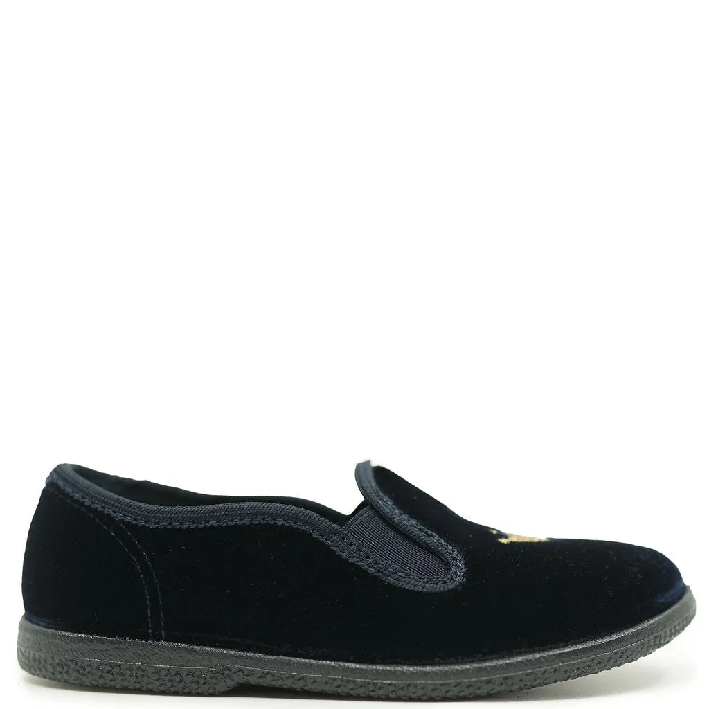 Pepe Navy Velvet Crown Embroidered Slip On