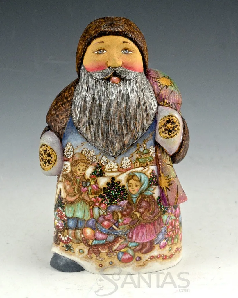 Petite Exquisitely Detailed Wood Burned Russian Santa -blue