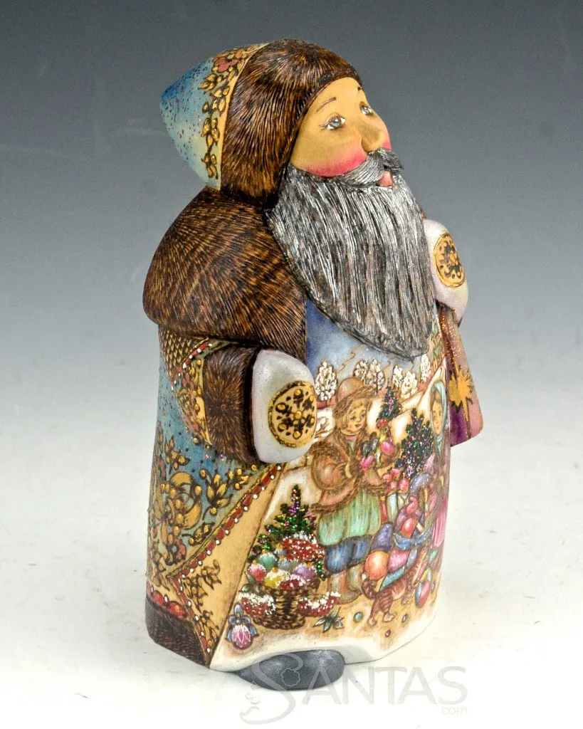 Petite Exquisitely Detailed Wood Burned Russian Santa -blue