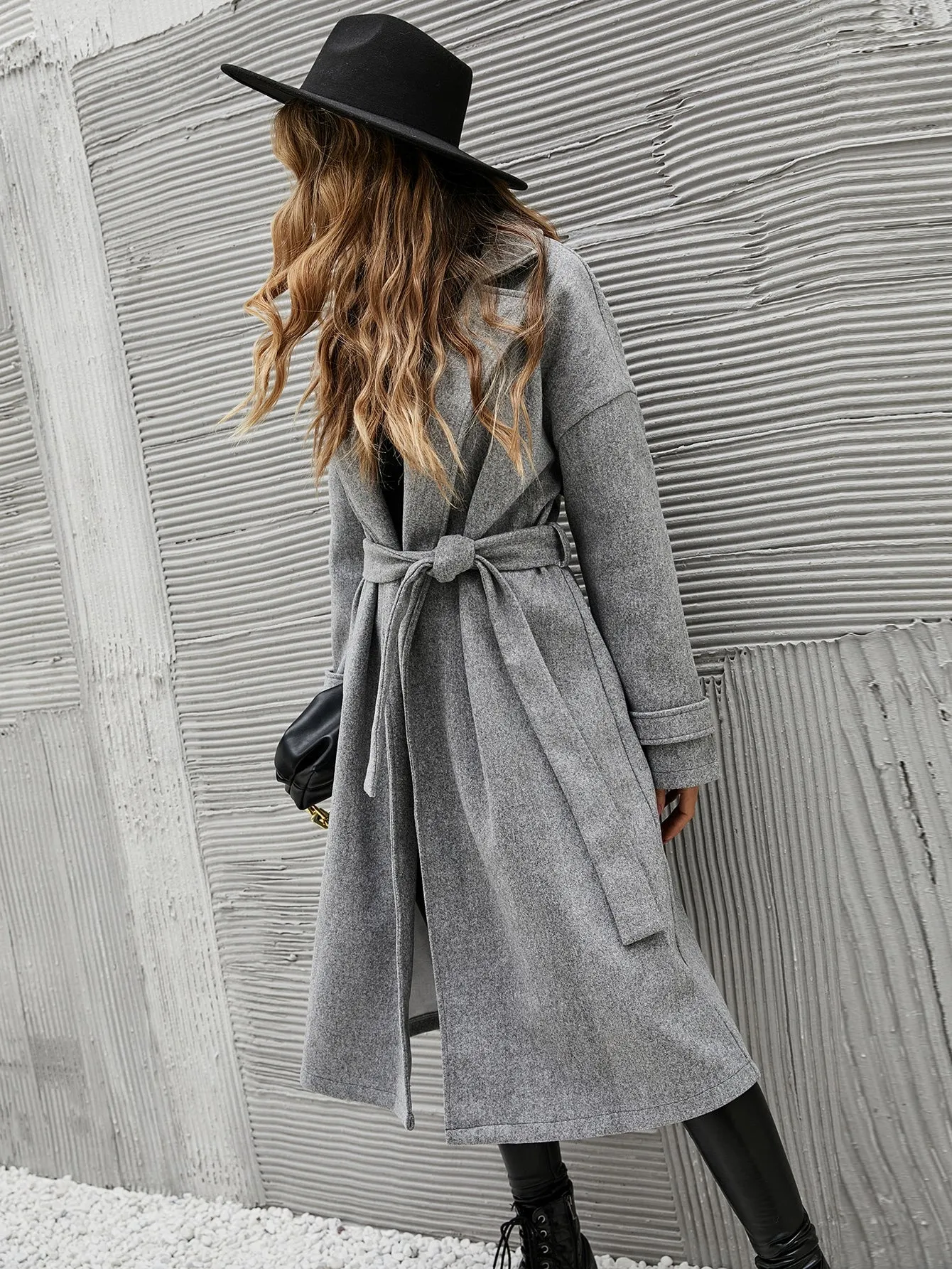 Plain Belted Long Sleeve Lapel Long Women Overcoat