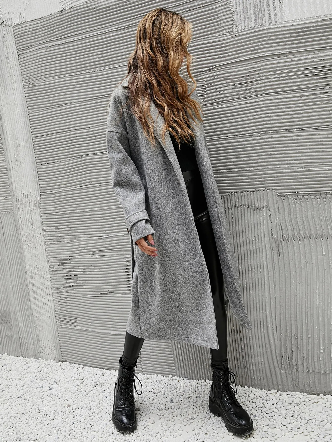 Plain Belted Long Sleeve Lapel Long Women Overcoat