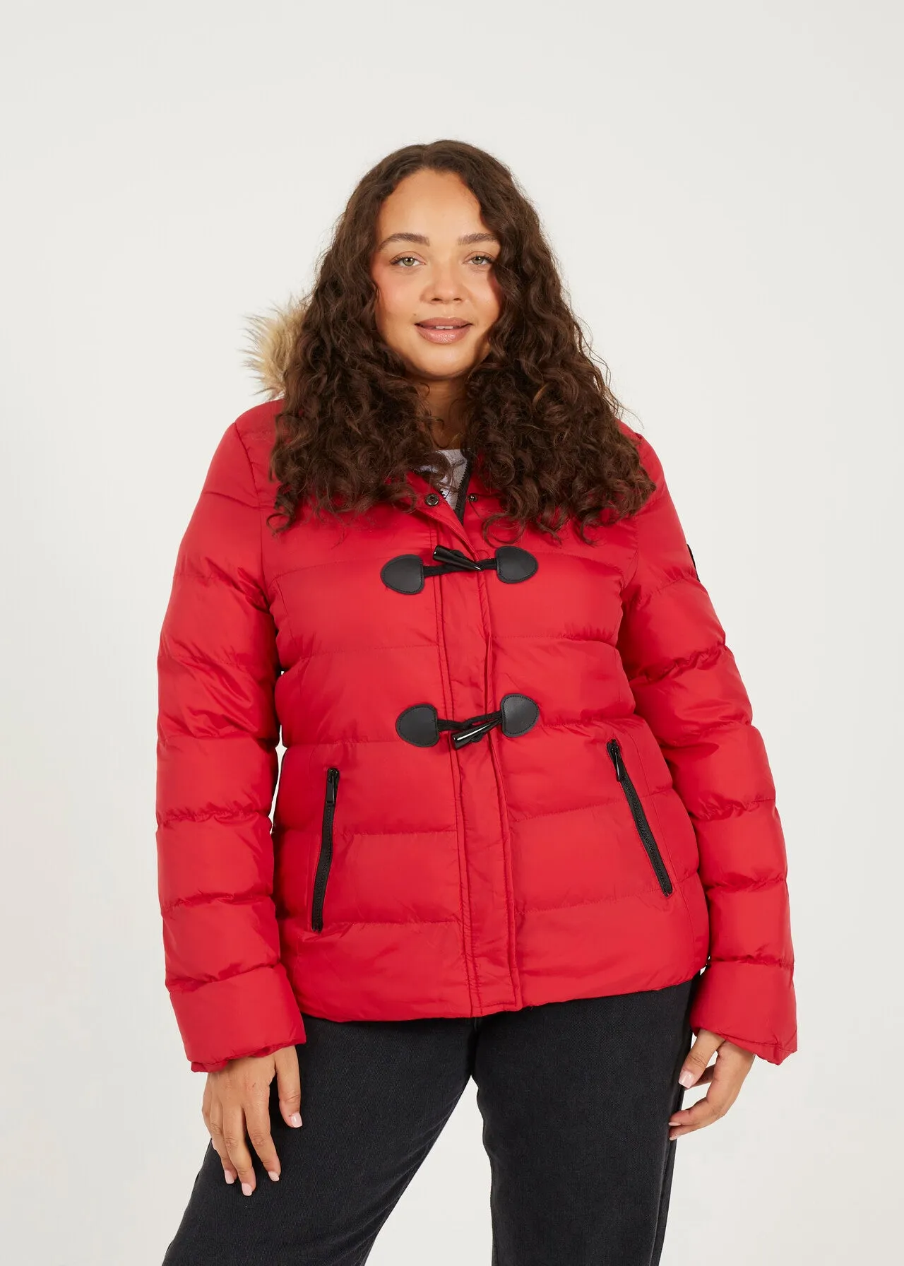 PLUS SIZE FAUX FUR HOOD DETAIL PADDED DUFFLE COAT