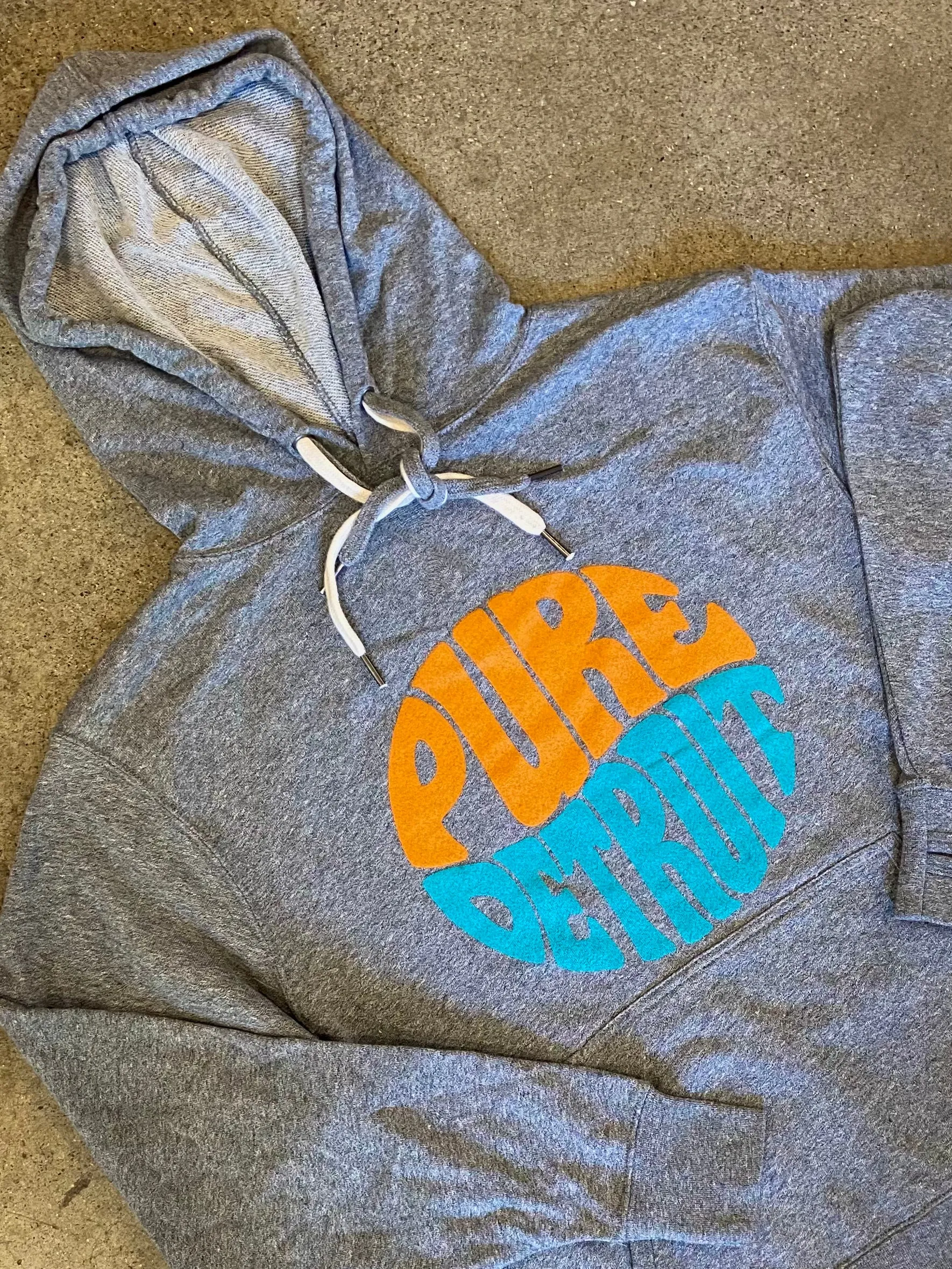 Pure Detroit Retro Terry Hooded Pullover /  Orange, Aqua   Heather Gray / Unisex