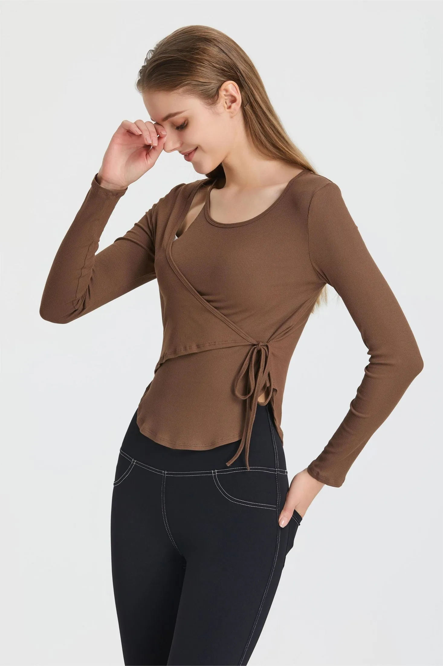 Ribbed Wrap Belted Long Sleeve Top