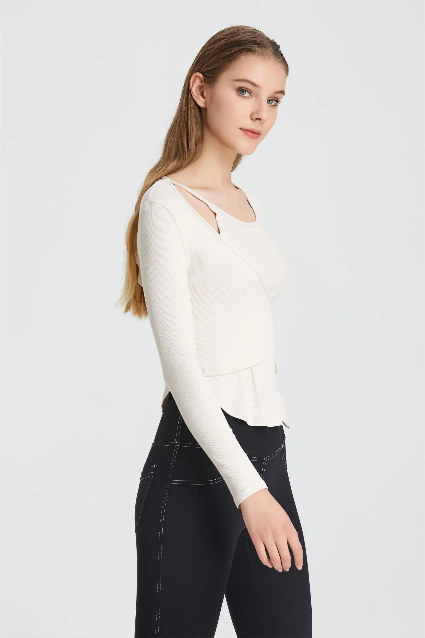 Ribbed Wrap Belted Long Sleeve Top