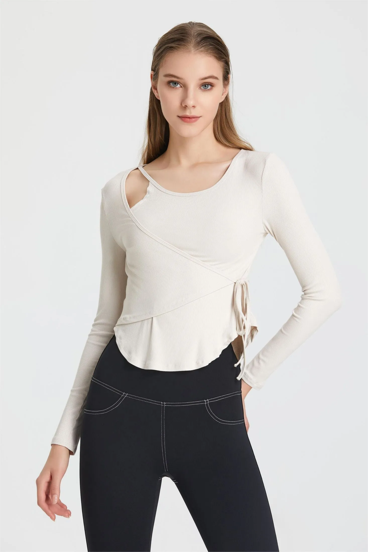 Ribbed Wrap Belted Long Sleeve Top