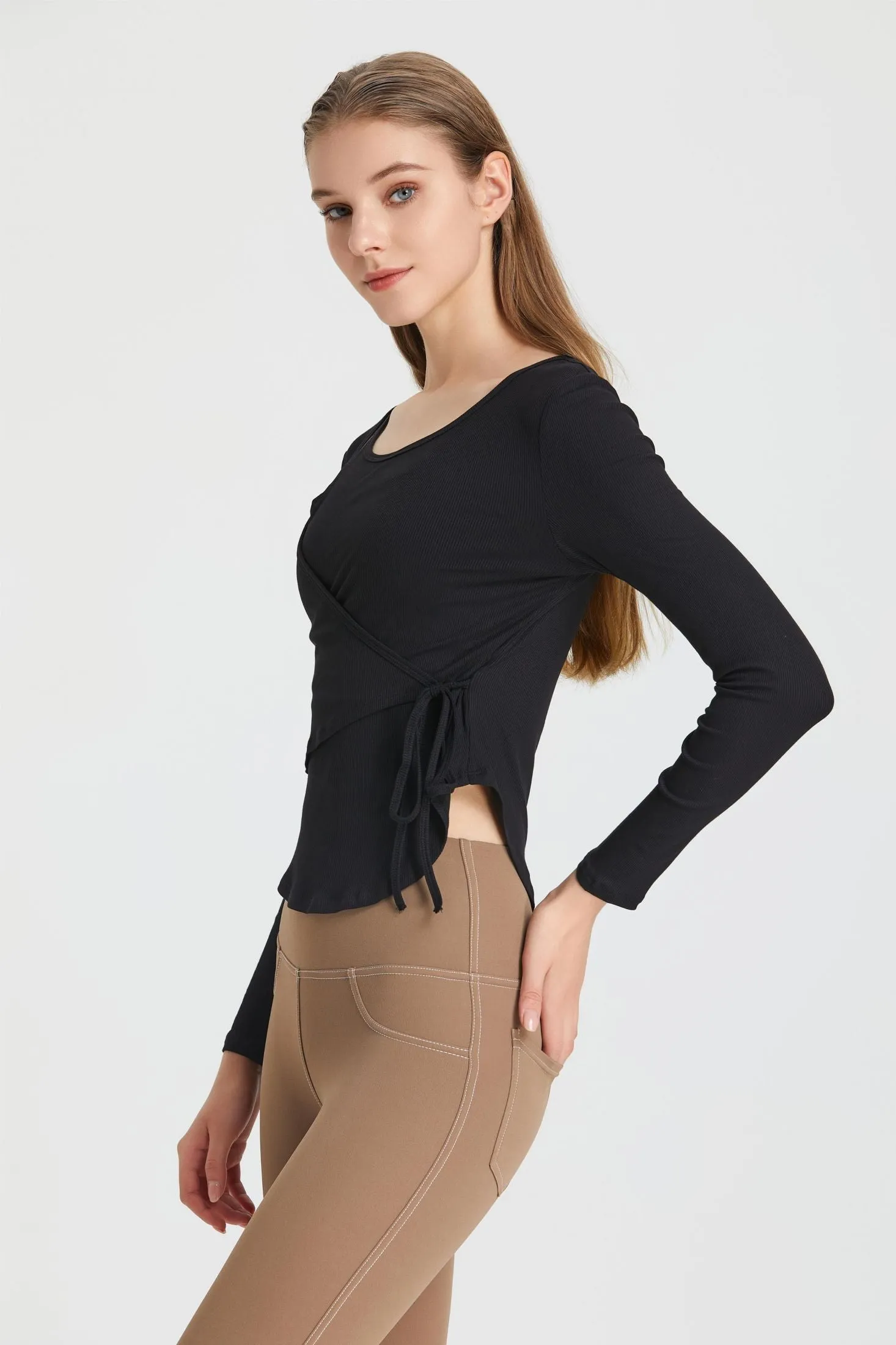 Ribbed Wrap Belted Long Sleeve Top