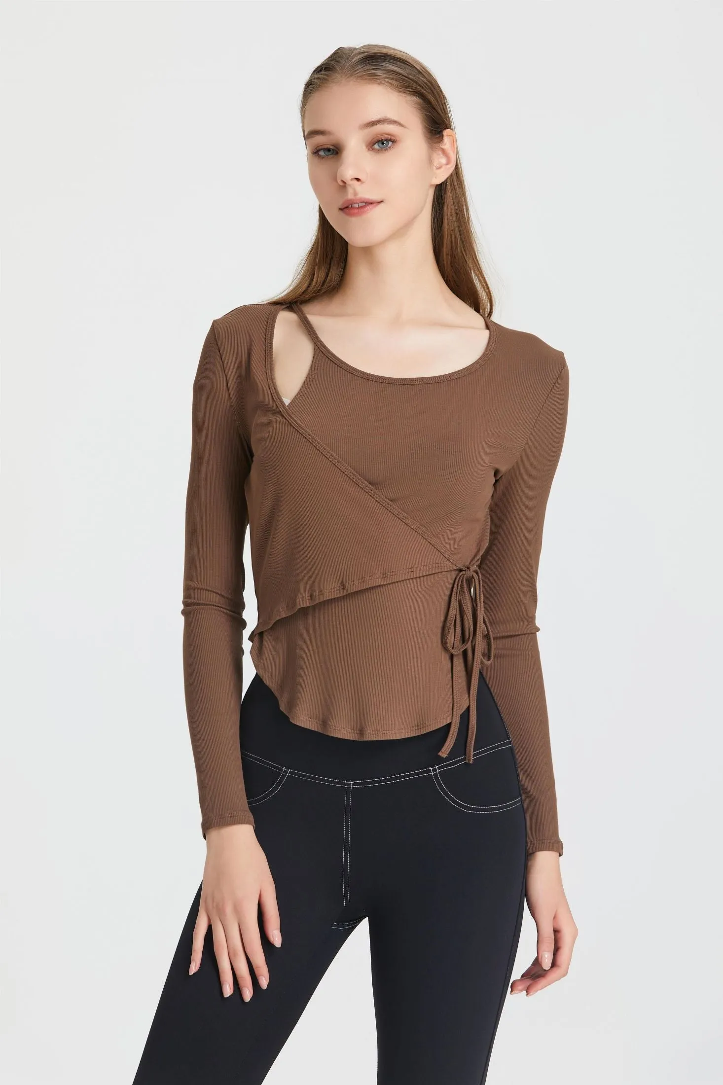 Ribbed Wrap Belted Long Sleeve Top