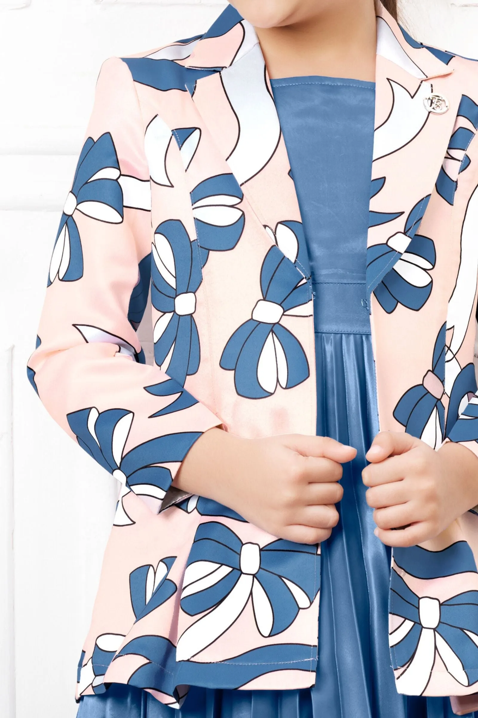 Royal Blue with Peach Printed Overcoat Styled Short Frock For Girls