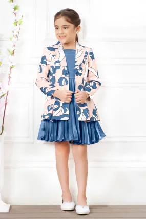 Royal Blue with Peach Printed Overcoat Styled Short Frock For Girls