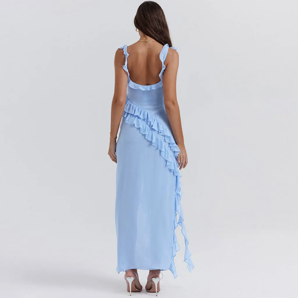 Sexy Sweetheart Neck Draped Ruffle Strap Split Sleeveless Maxi Evening Dress