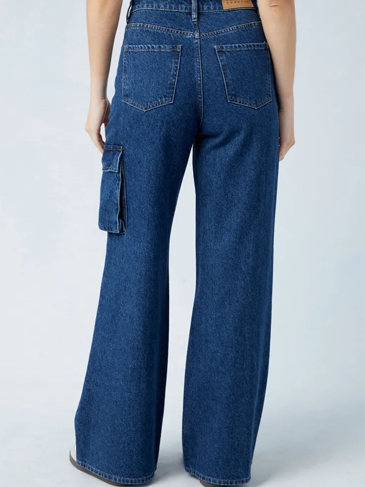 SGW - Mid Blue High-Waisted Cargo Wide-Leg Jeans