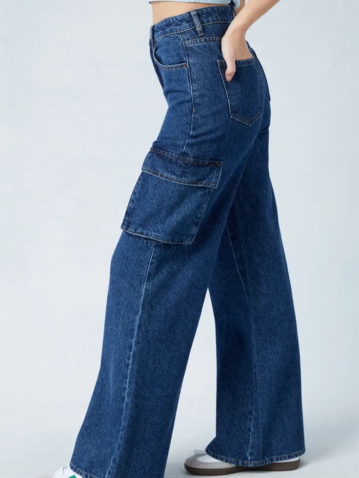 SGW - Mid Blue High-Waisted Cargo Wide-Leg Jeans