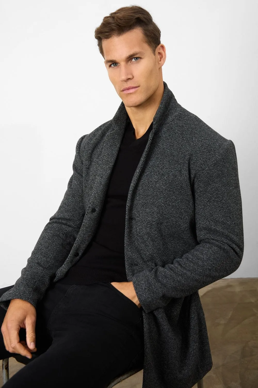 Single Breasted Herringbone Overcoat