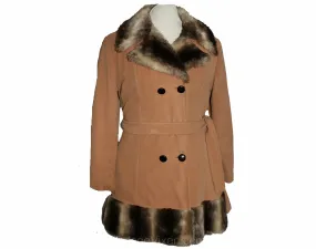 Size 12 1960s Jacket - Large 60s 70s Tan Velour Coat with Faux Fur Gray Collar & Hem - Light Brown Neutral Overcoat - Fall Winter - Bust 39