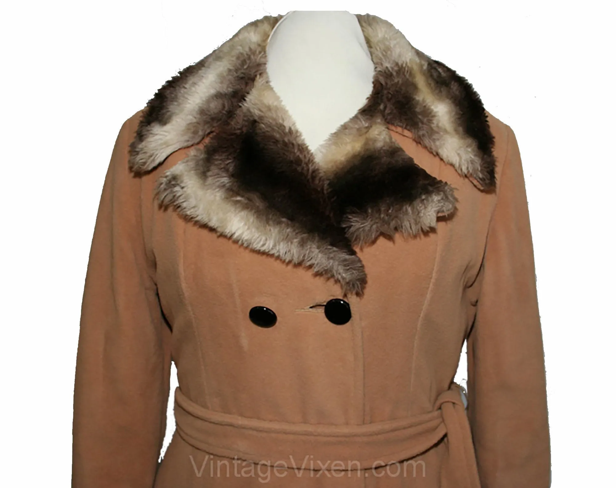 Size 12 1960s Jacket - Large 60s 70s Tan Velour Coat with Faux Fur Gray Collar & Hem - Light Brown Neutral Overcoat - Fall Winter - Bust 39