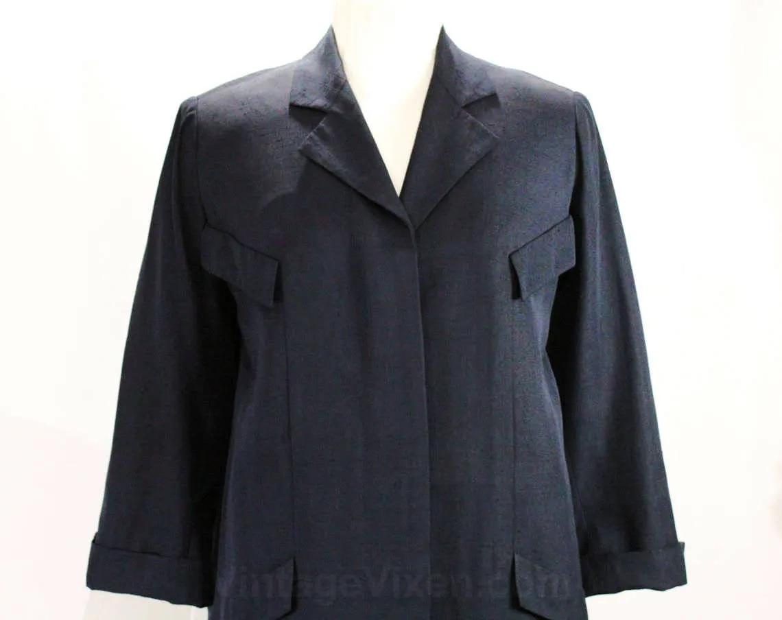 Size 14 Designer Coat - Rare 1950s Navy Silk Overcoat by Irene - Mid Century 40s 50s Large Tailored Design with Four Faux Pockets - Bust 43