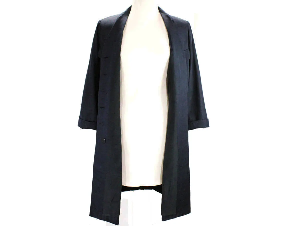 Size 14 Designer Coat - Rare 1950s Navy Silk Overcoat by Irene - Mid Century 40s 50s Large Tailored Design with Four Faux Pockets - Bust 43