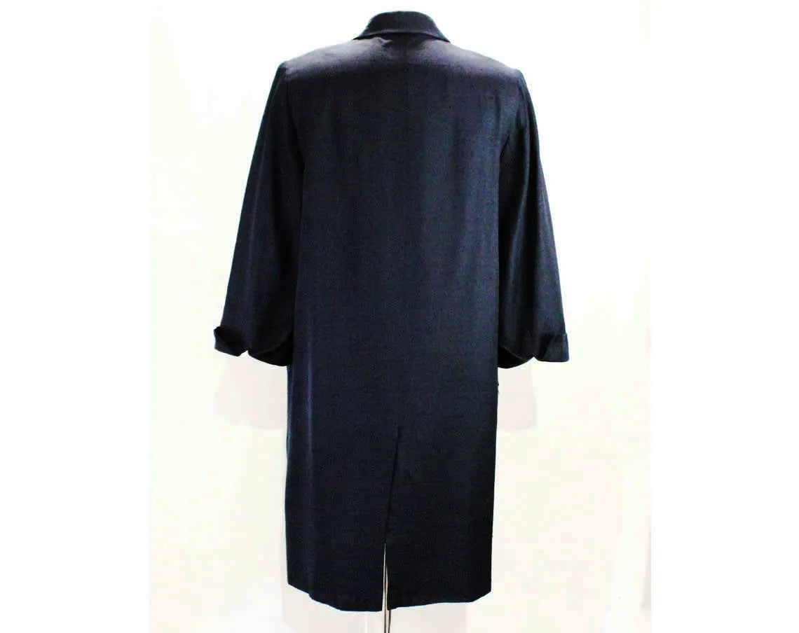 Size 14 Designer Coat - Rare 1950s Navy Silk Overcoat by Irene - Mid Century 40s 50s Large Tailored Design with Four Faux Pockets - Bust 43