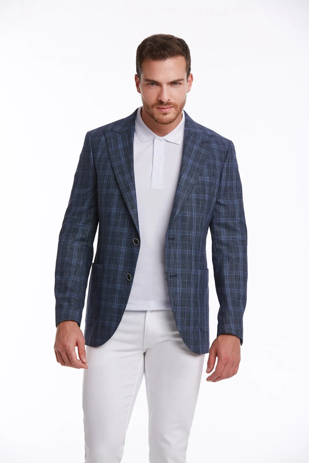 Slim Fit Navy Peak Lapel Plaid Linen Classic Blazer