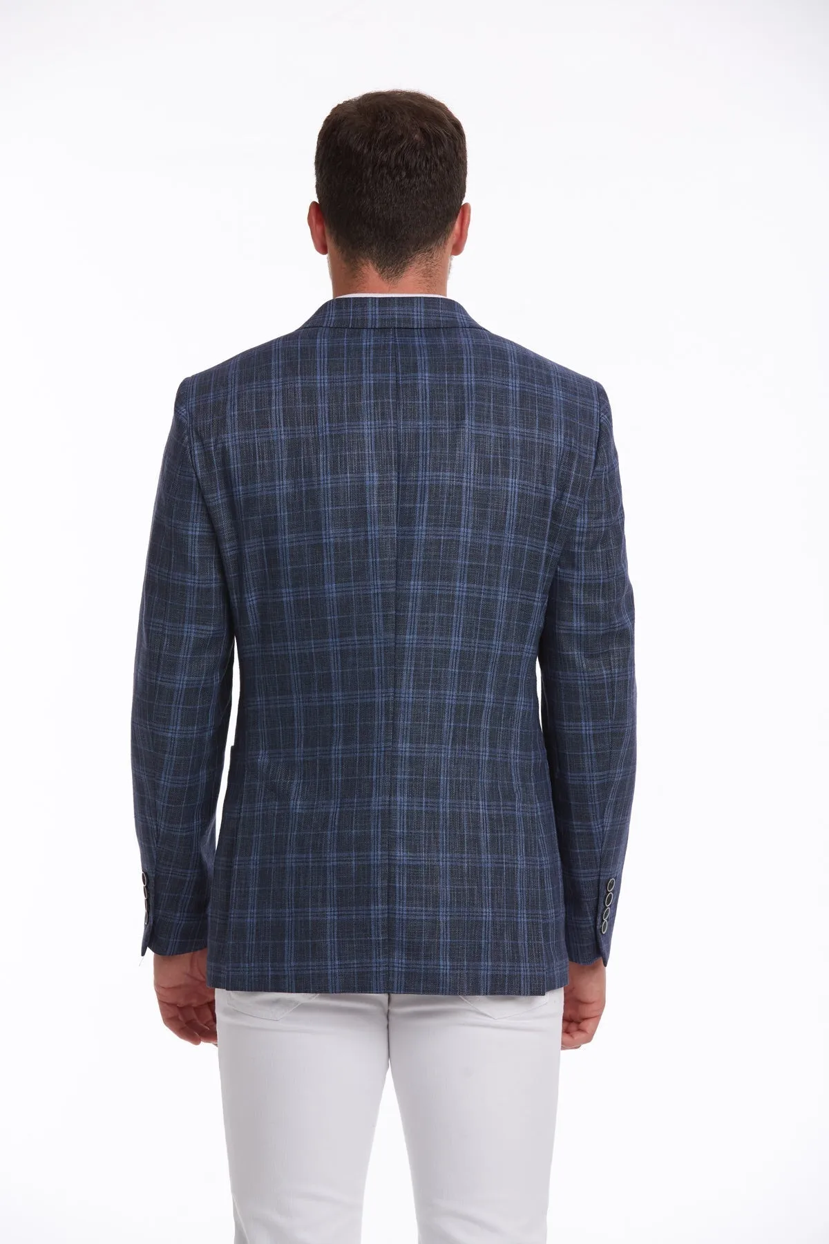 Slim Fit Navy Peak Lapel Plaid Linen Classic Blazer