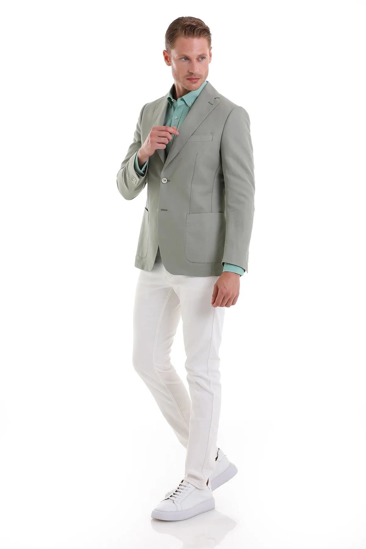 Slim Fit Notch Lapel Light Green Linen Casual Blazer