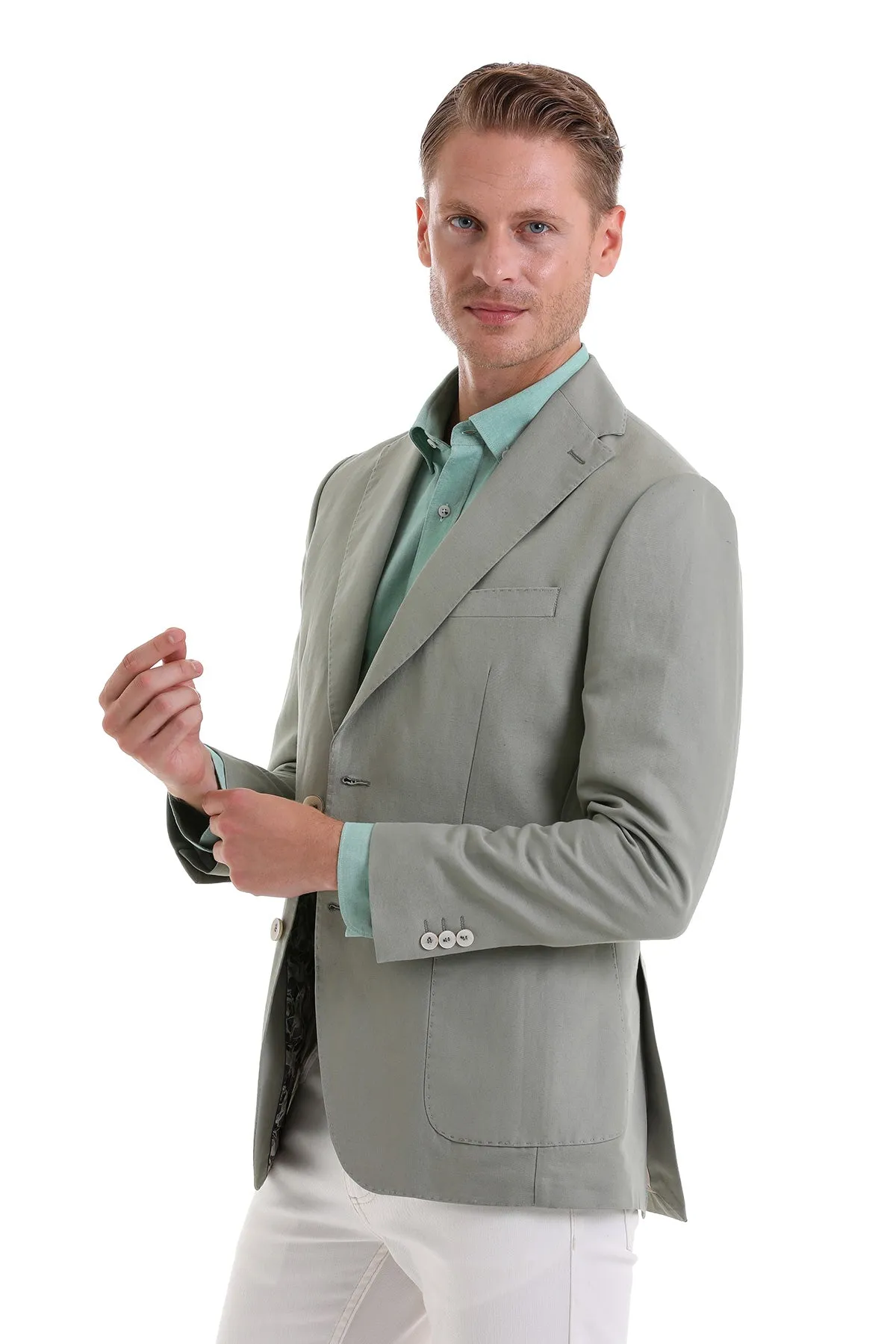 Slim Fit Notch Lapel Light Green Linen Casual Blazer