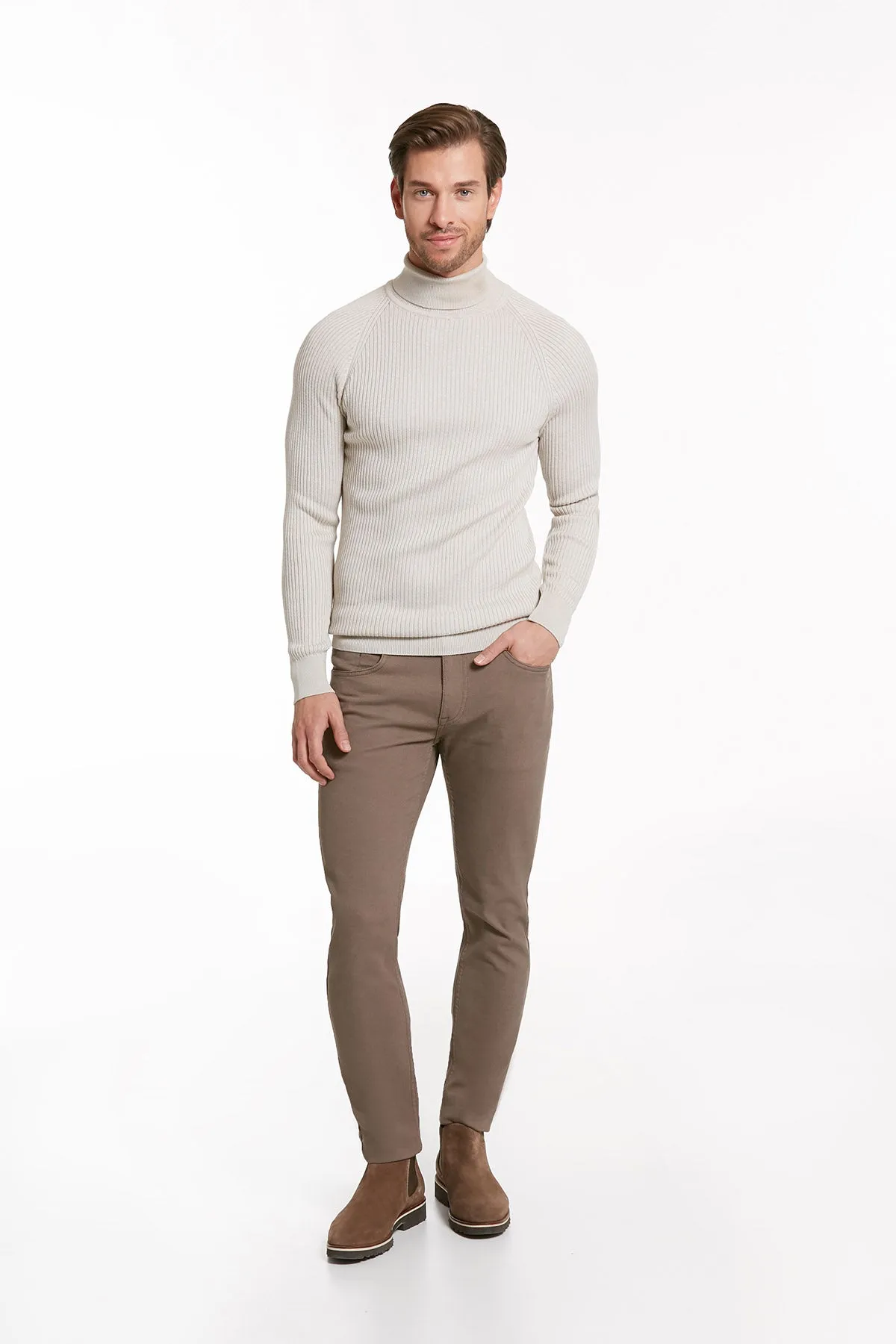 Slim Fit Patterned Gray Turtleneck Sweater, Light Gray