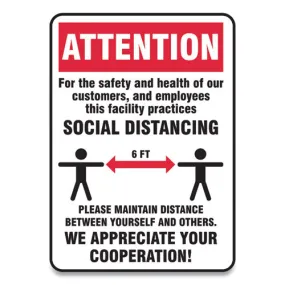 Social Distance Signs, Wall, 7 X 10, Customers And Employees Distancing, Humans/arrows, Red/white, 10/pack