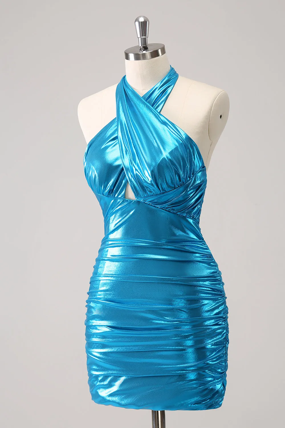 Sparkly Stylish Bodycon Halter Pleated Corset Metallic Homecoming Dress