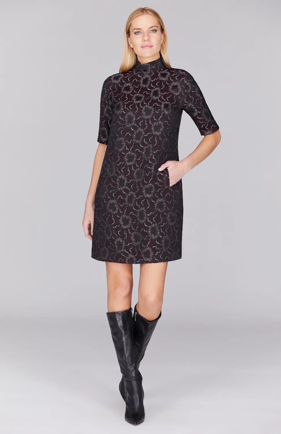 Sunburst Jacquard Turtleneck Shift Dress w/ Contrast Bias