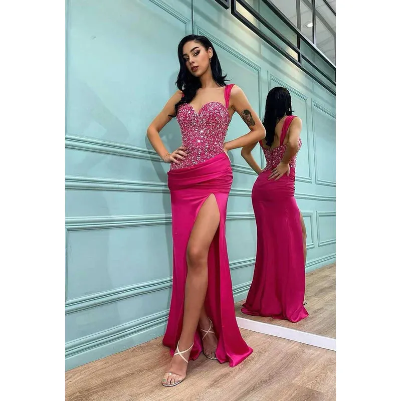 Sweetheart Sequined Ruched Satin Sheath Long Prom Evening Gown With Slit