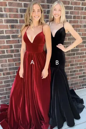 V Neck Burgundy Velvet Long Prom Dress, Mermaid Black Velvet Long Prom Dress, Formal Evening Dress