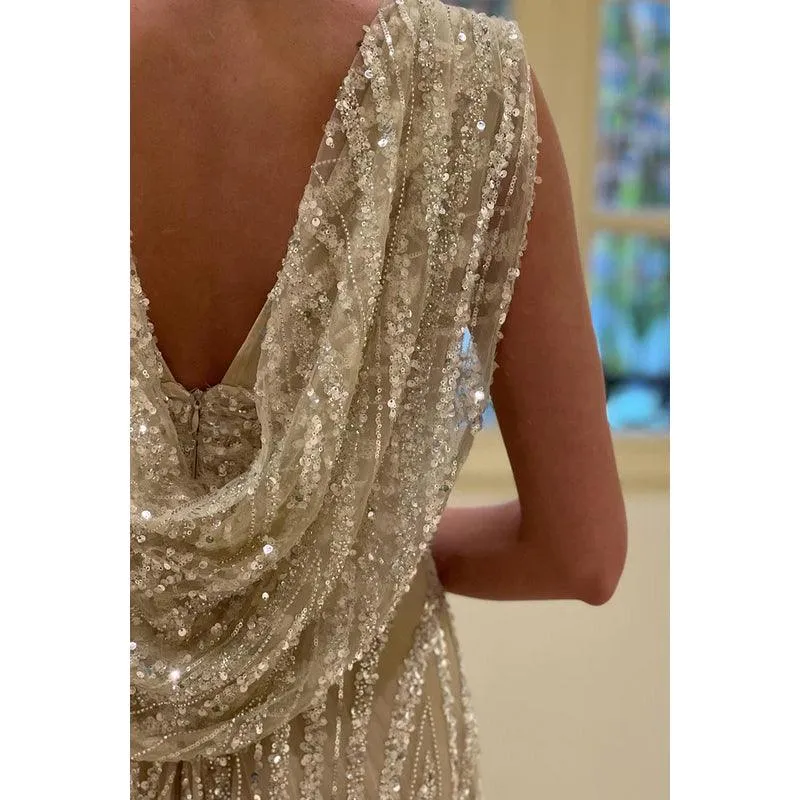 V-Neck Sequined Beaded Ruched A-Line Long Prom Evening Gown