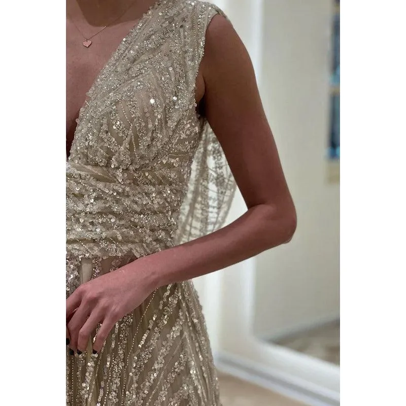 V-Neck Sequined Beaded Ruched A-Line Long Prom Evening Gown