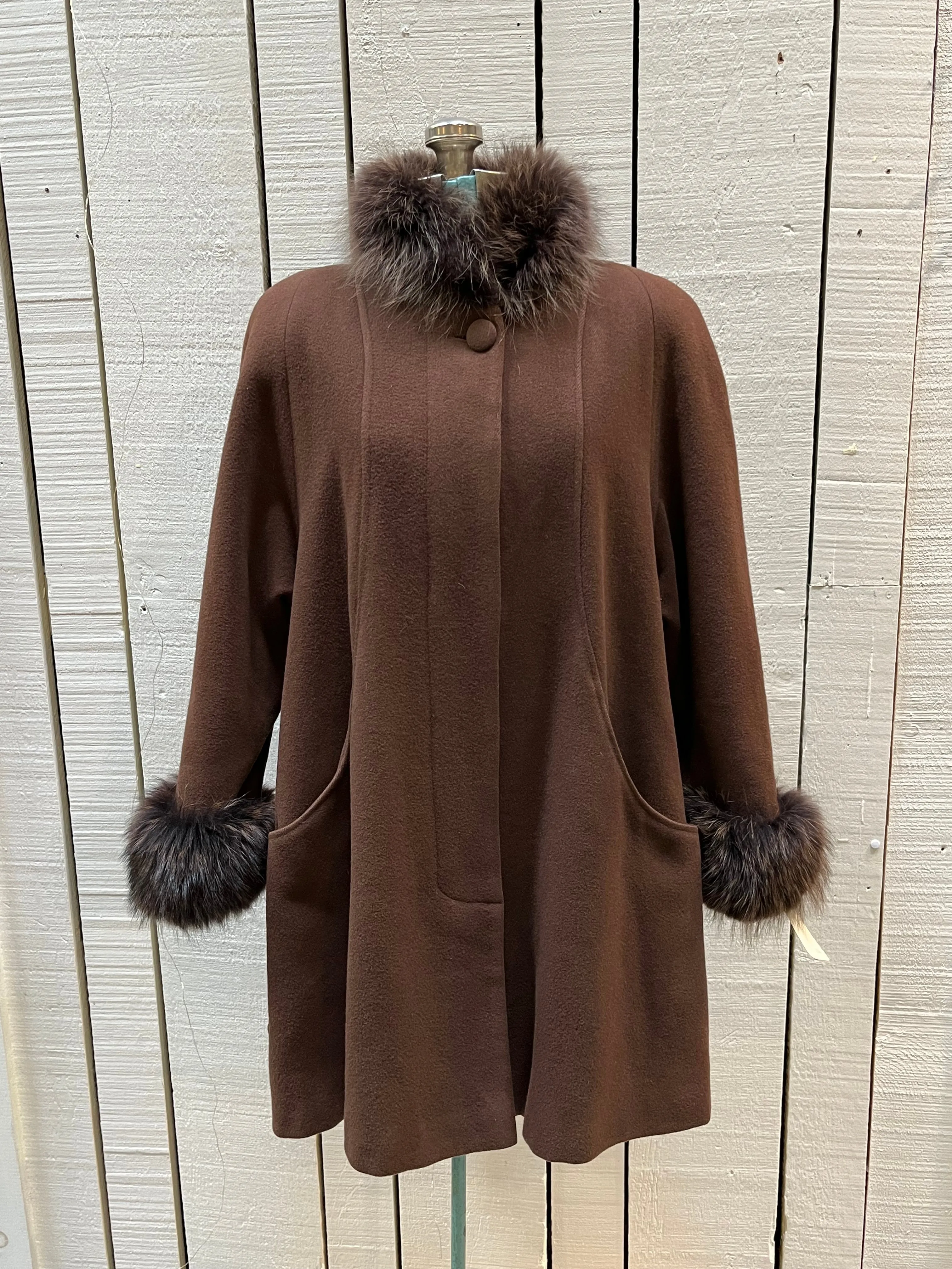 Vintage Rontex International for Eaton Brown Wool Swing Coat with Raccoon Fur Trim, Made in Canada, Chest 50”