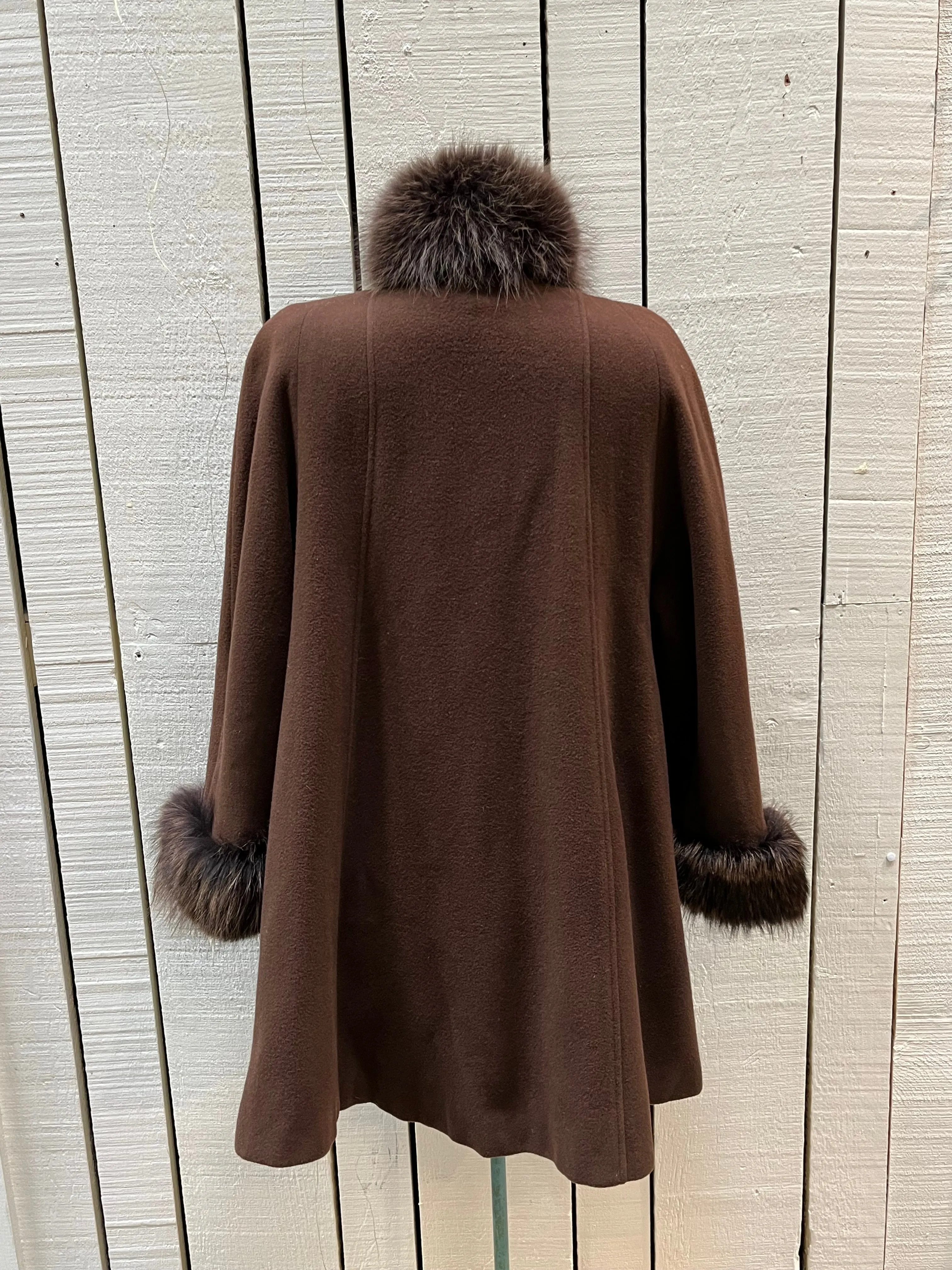 Vintage Rontex International for Eaton Brown Wool Swing Coat with Raccoon Fur Trim, Made in Canada, Chest 50”