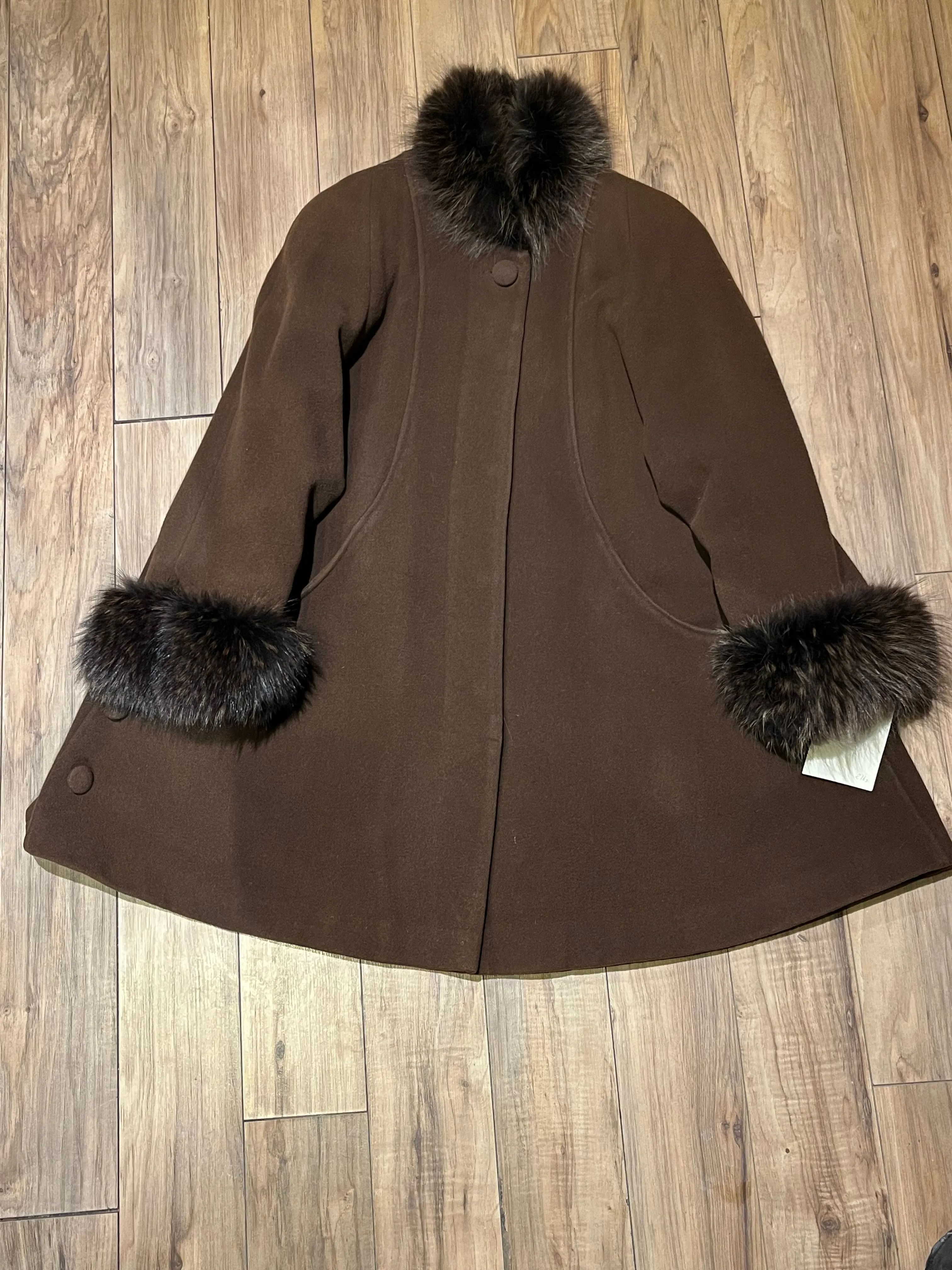 Vintage Rontex International for Eaton Brown Wool Swing Coat with Raccoon Fur Trim, Made in Canada, Chest 50”