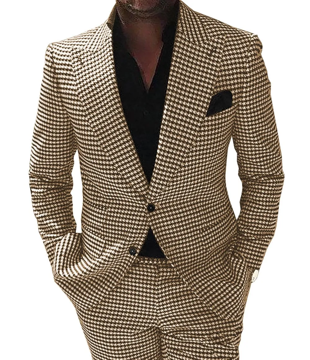 Voguable Plaid Men Suits for Wedding 2 piece houndstooth Checkered Groom Tuxedos Male Fashion Clothes Costumes Set Jacket with Pants