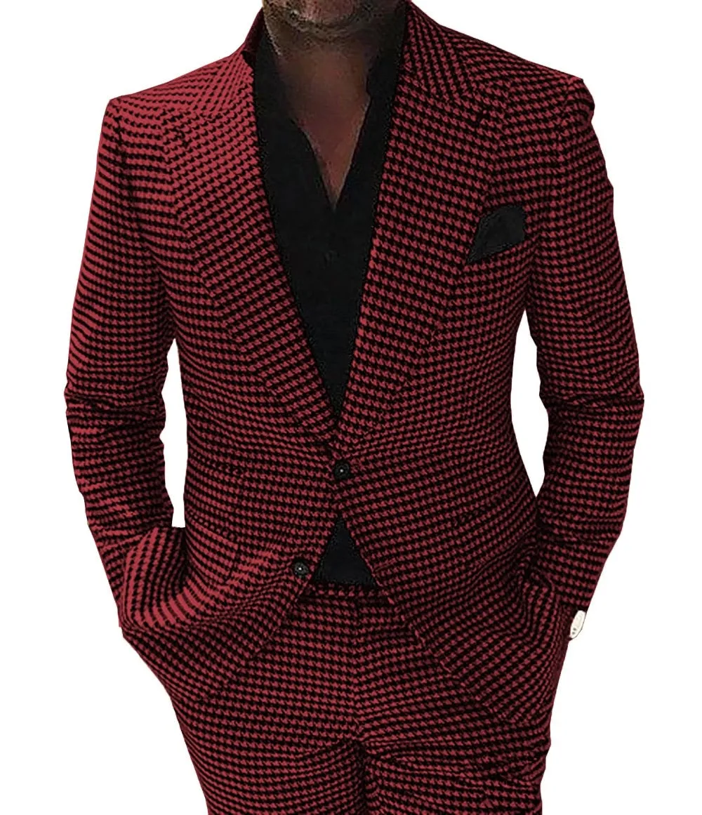 Voguable Plaid Men Suits for Wedding 2 piece houndstooth Checkered Groom Tuxedos Male Fashion Clothes Costumes Set Jacket with Pants