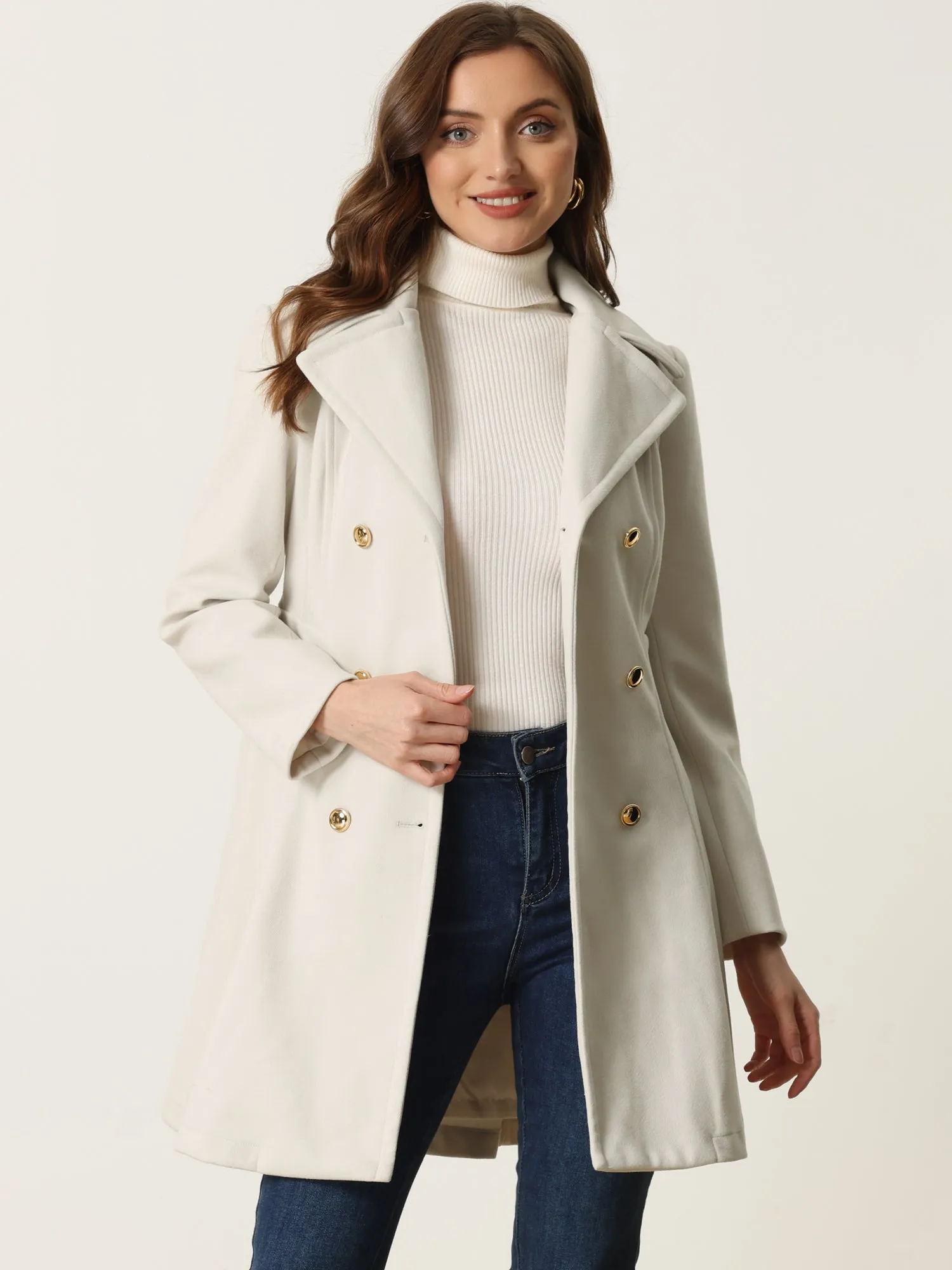 Winter Long Lapel Collar Contrast Double Breast Coat