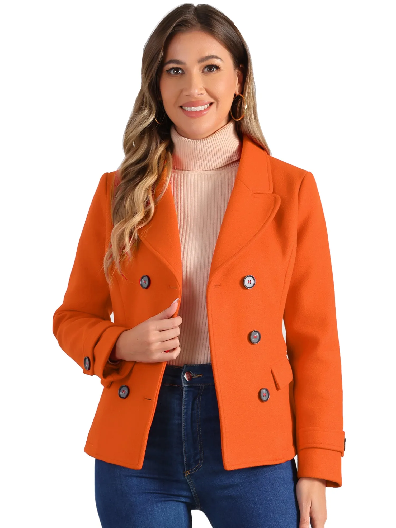 Winter Notched Lapel Double Breasted Short Pea Coat