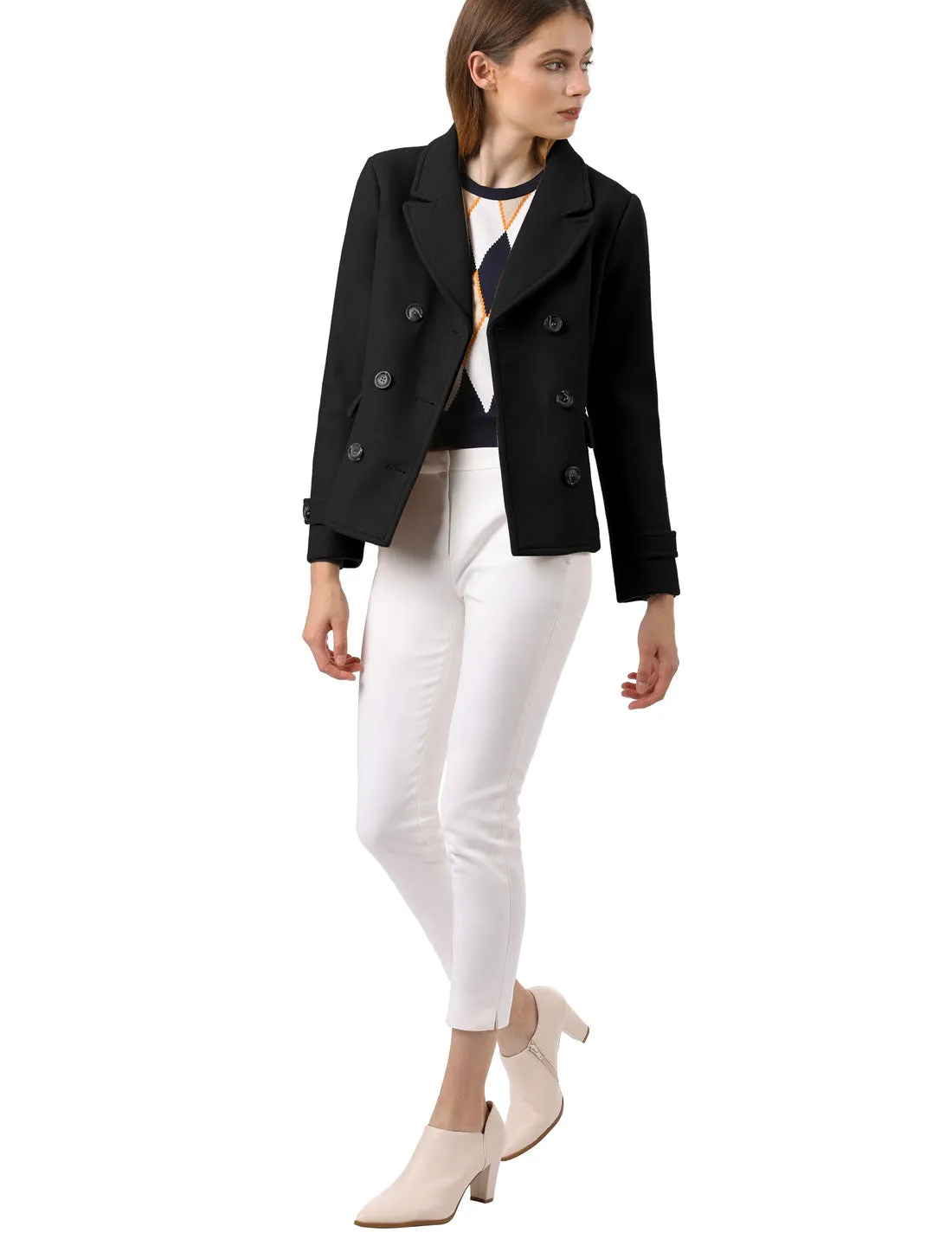 Winter Notched Lapel Double Breasted Short Pea Coat