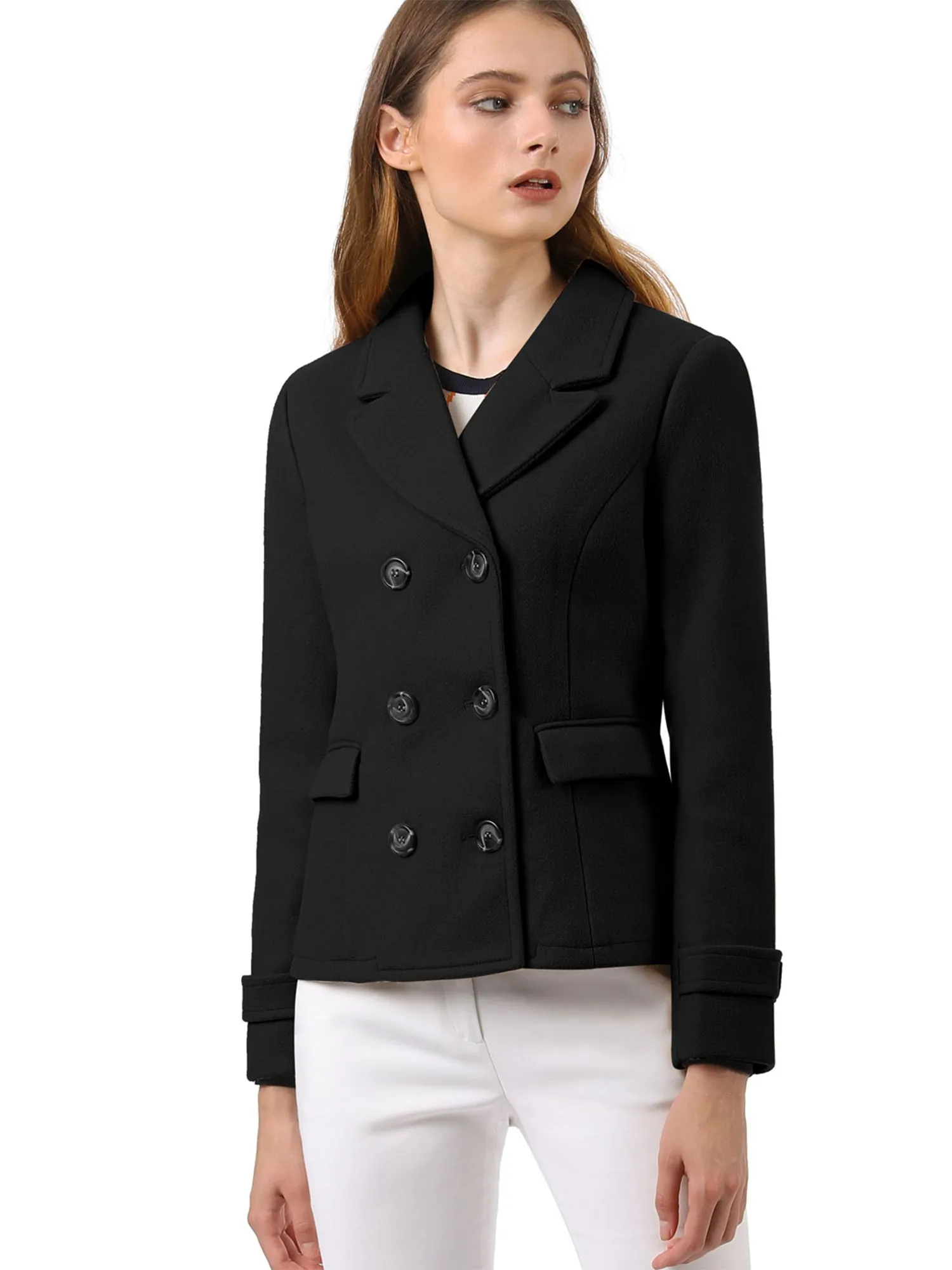 Winter Notched Lapel Double Breasted Short Pea Coat