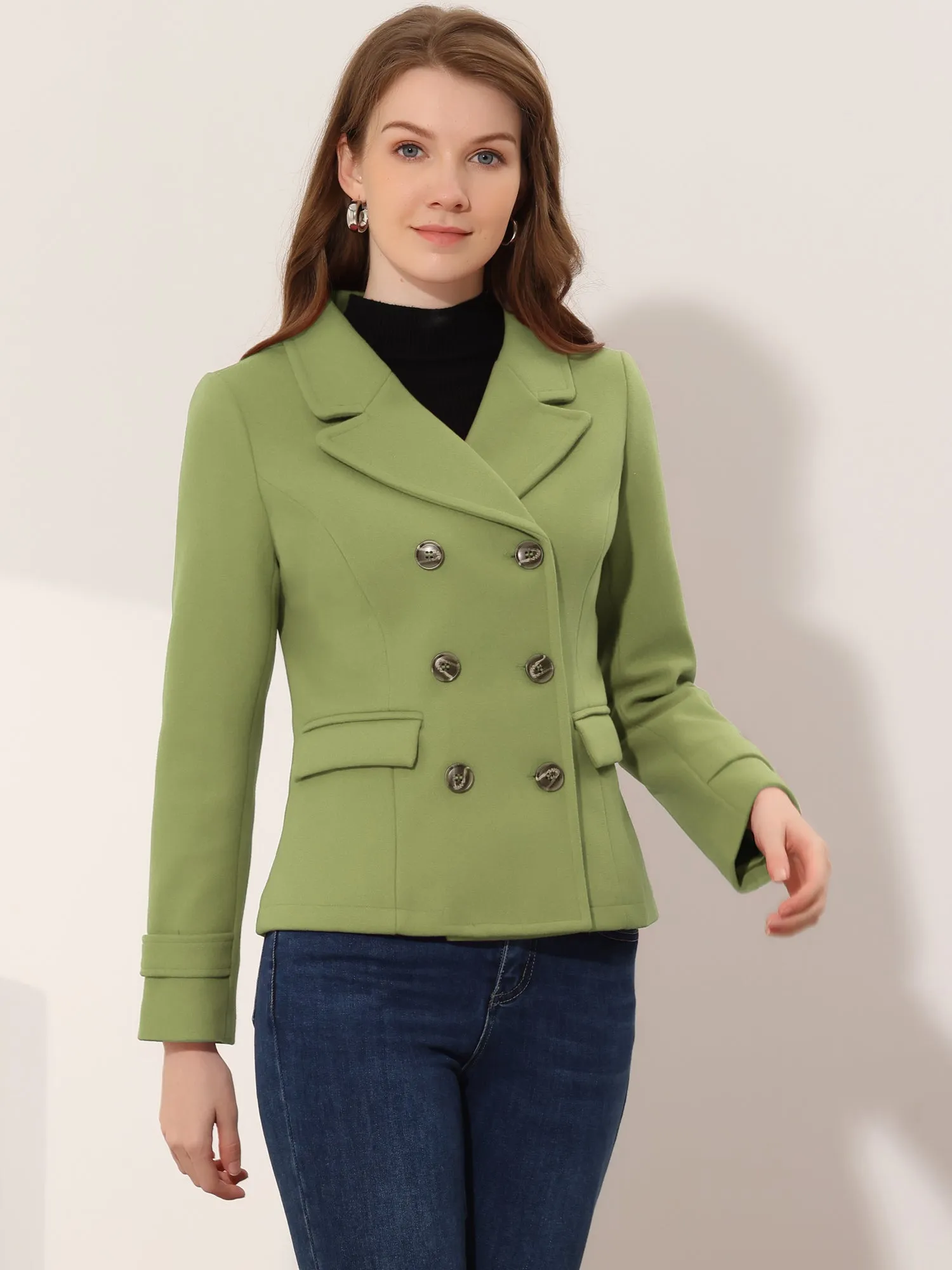 Winter Notched Lapel Double Breasted Short Pea Coat