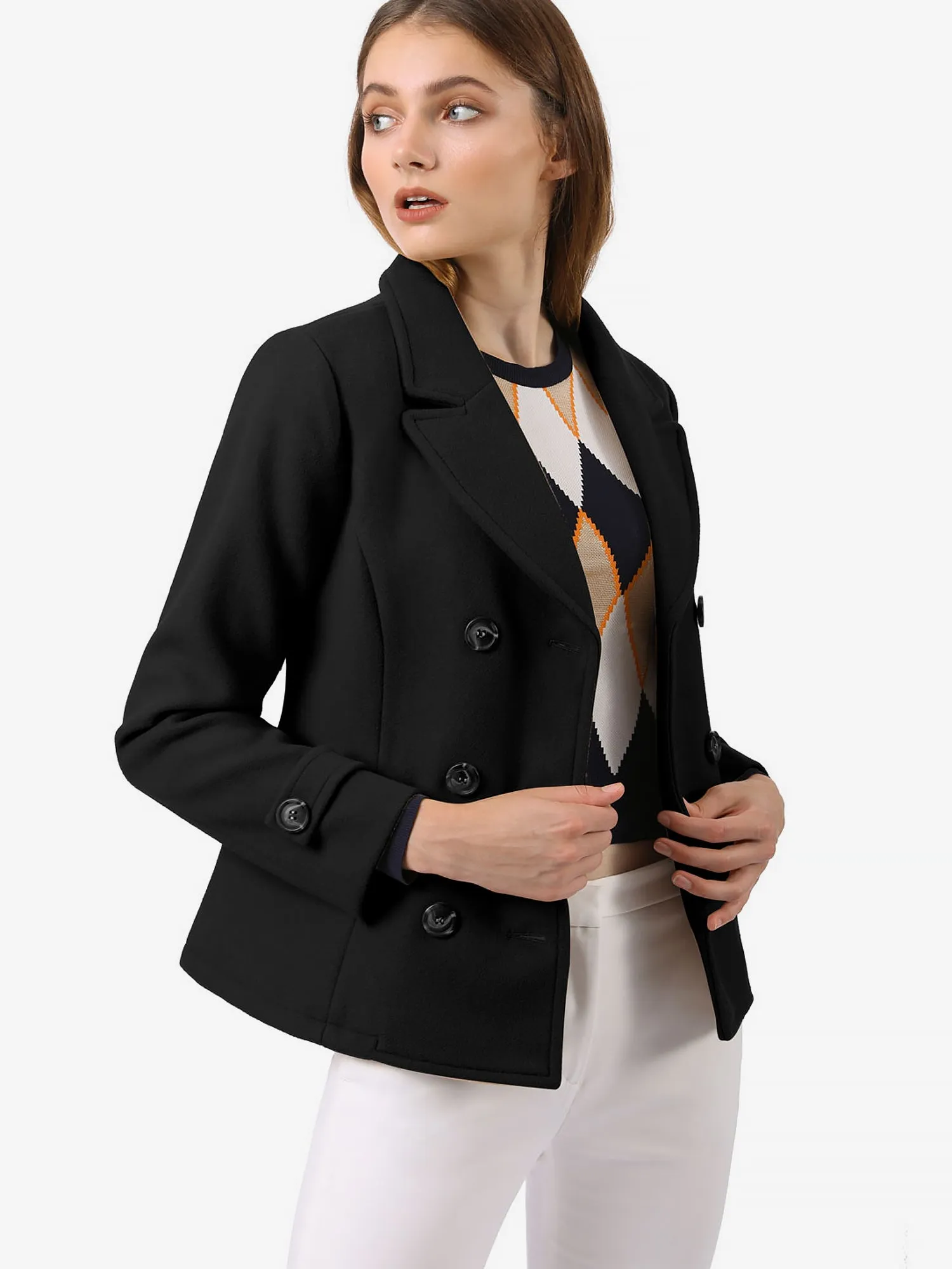 Winter Notched Lapel Double Breasted Short Pea Coat