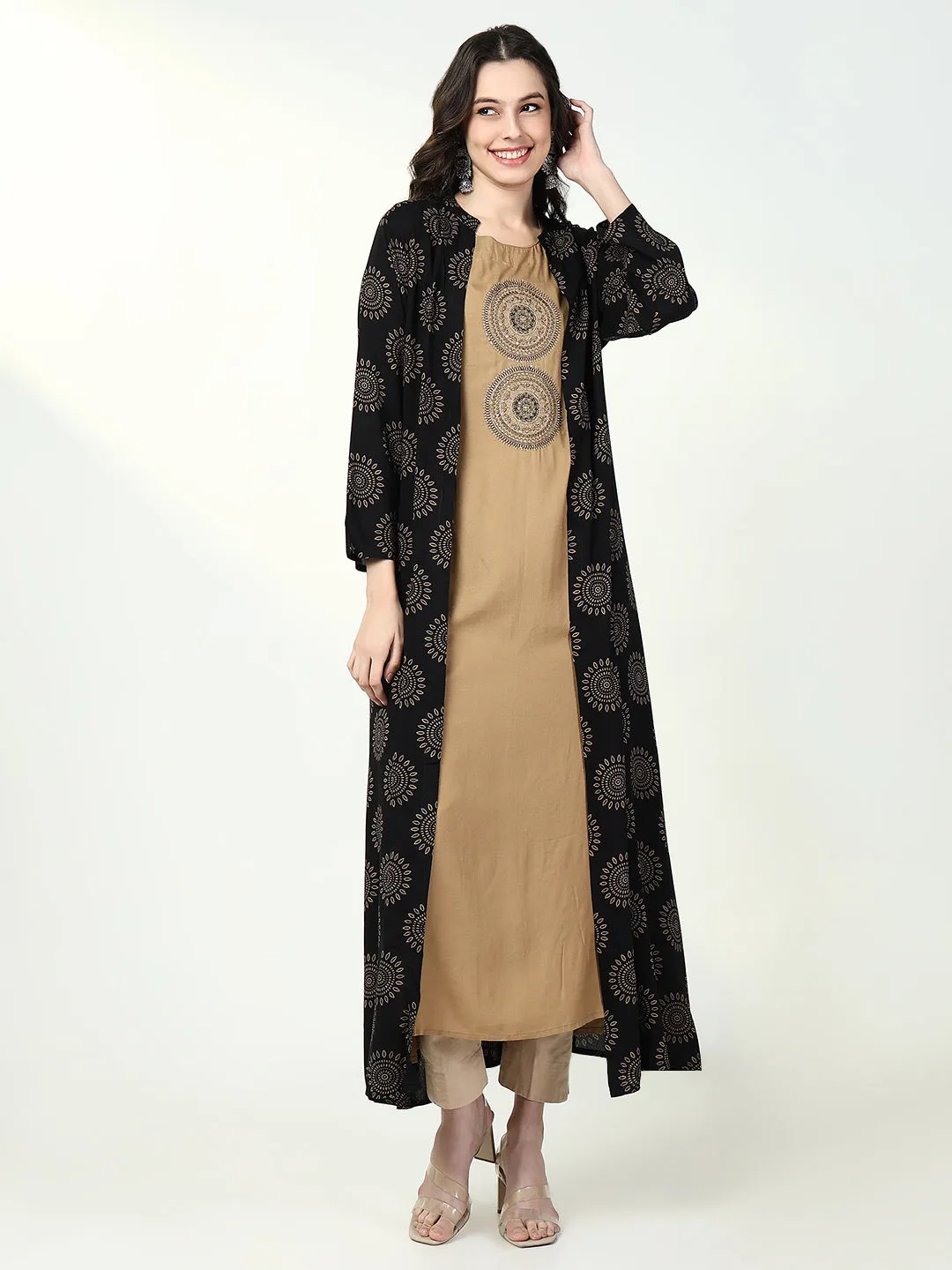 Women Beige Solid A Line Kurta with Coat